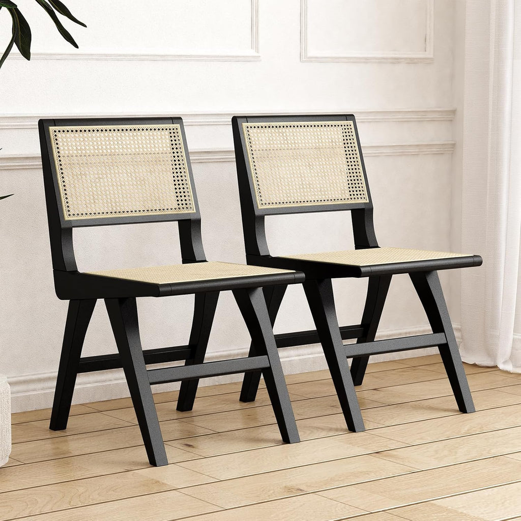 Accent Chair Dining Chairs Set of 2, Solid Wood Frame Boho Rattan Chair, Mid Century Modern Accent Chairs for Living Room Bedroom Dining Room Kitchen(Black)