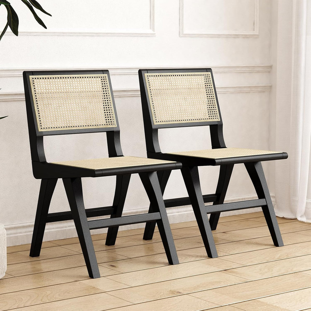 Accent Chair Dining Chairs Set of 2, Solid Wood Frame Boho Rattan Chair, Mid Century Modern Accent Chairs for Living Room Bedroom Dining Room Kitchen(Black)