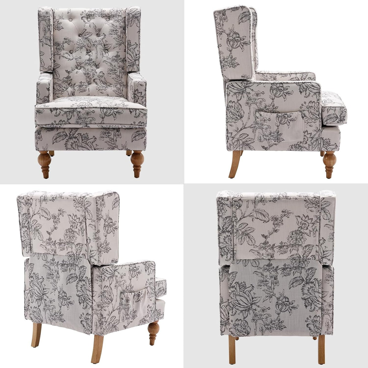 DUOMAY Tufted Accent Chair Set of 2, Modern Linen Upholstered Wingback Side Arm Chair for Living Room Bedroom with Wood Legs, Comfy Reading Guest Chair for Office, Beige Flower Pattern