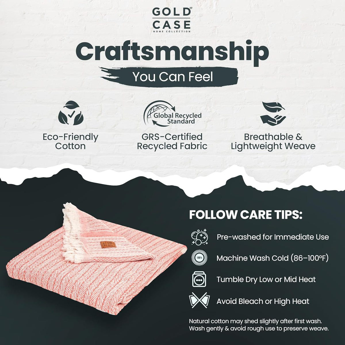 Gold Case Throw Blanket for Couch – 100% Recycled Turkish Cotton Blankets & Throws – Elegant Decorative Throw Blankets for Living Room Sofa – Woven Throws for Couch – Vintage Orange – 60x80