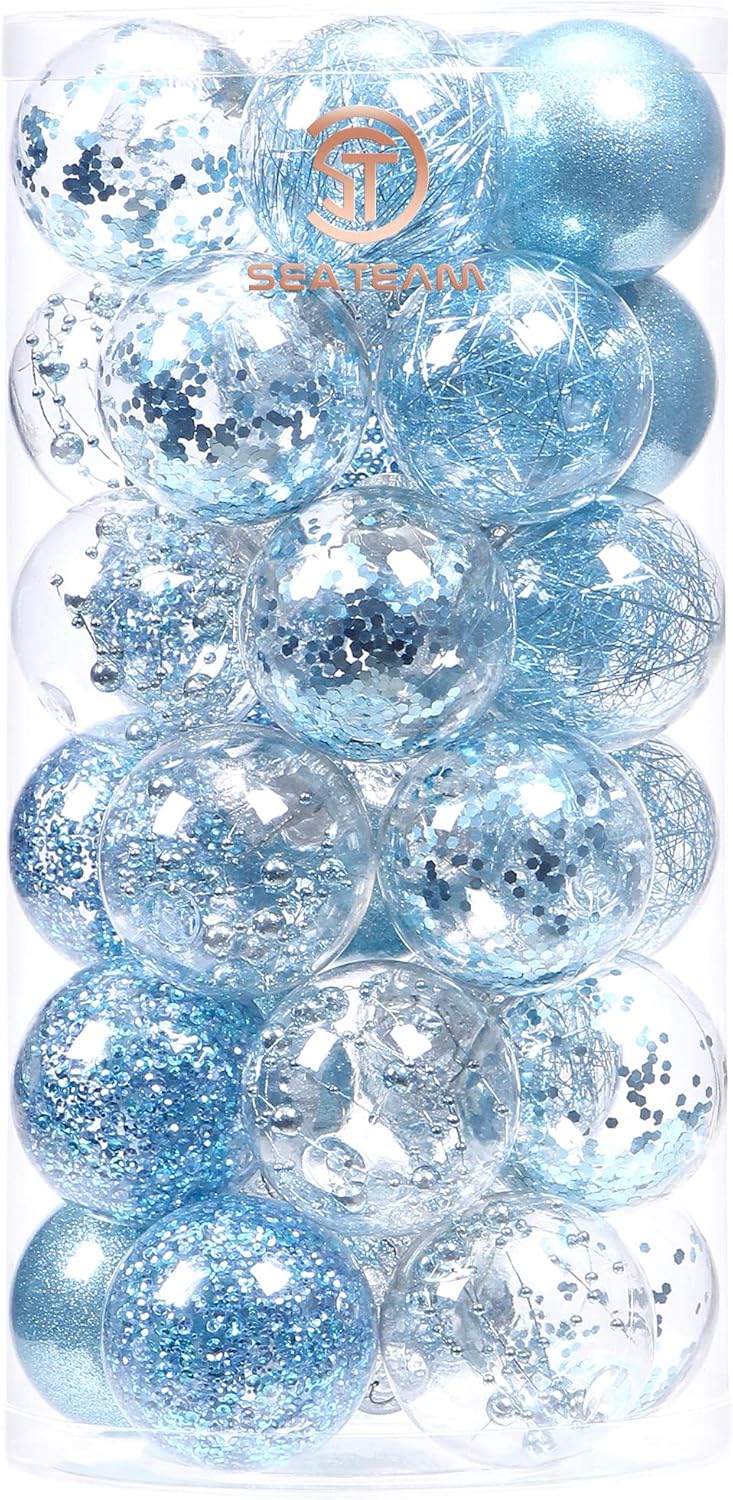 Sea Team Shatterproof Clear Plastic Christmas Ball Ornaments Decorative Xmas Balls Baubles Set with Stuffed Delicate Decorations (60mm/2.36 inch 30-Pack, Babyblue)