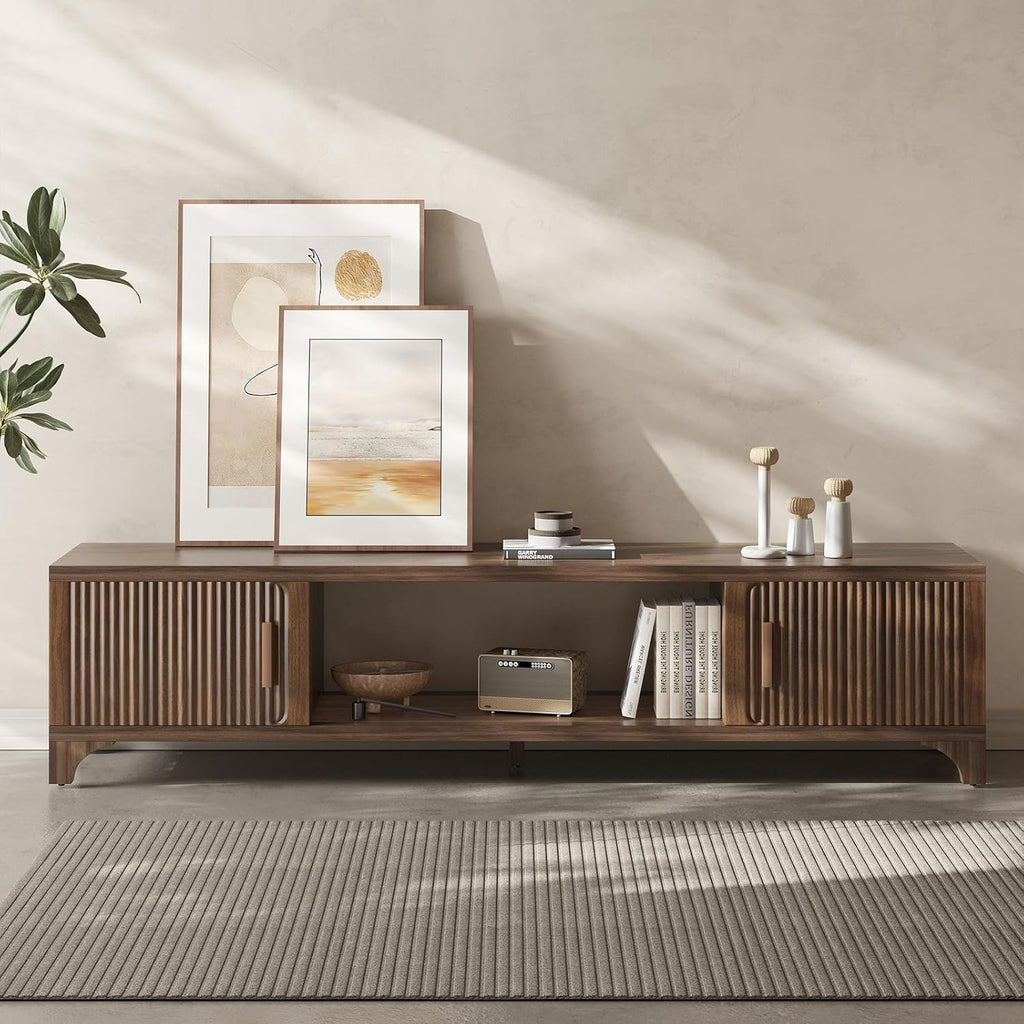 Mid Century Modern TV Stand for 70/75 Inches Television, TV Console with Fluted Doors and Storage, Entertainment Center for Living Room and Bedroom, Dark Brown