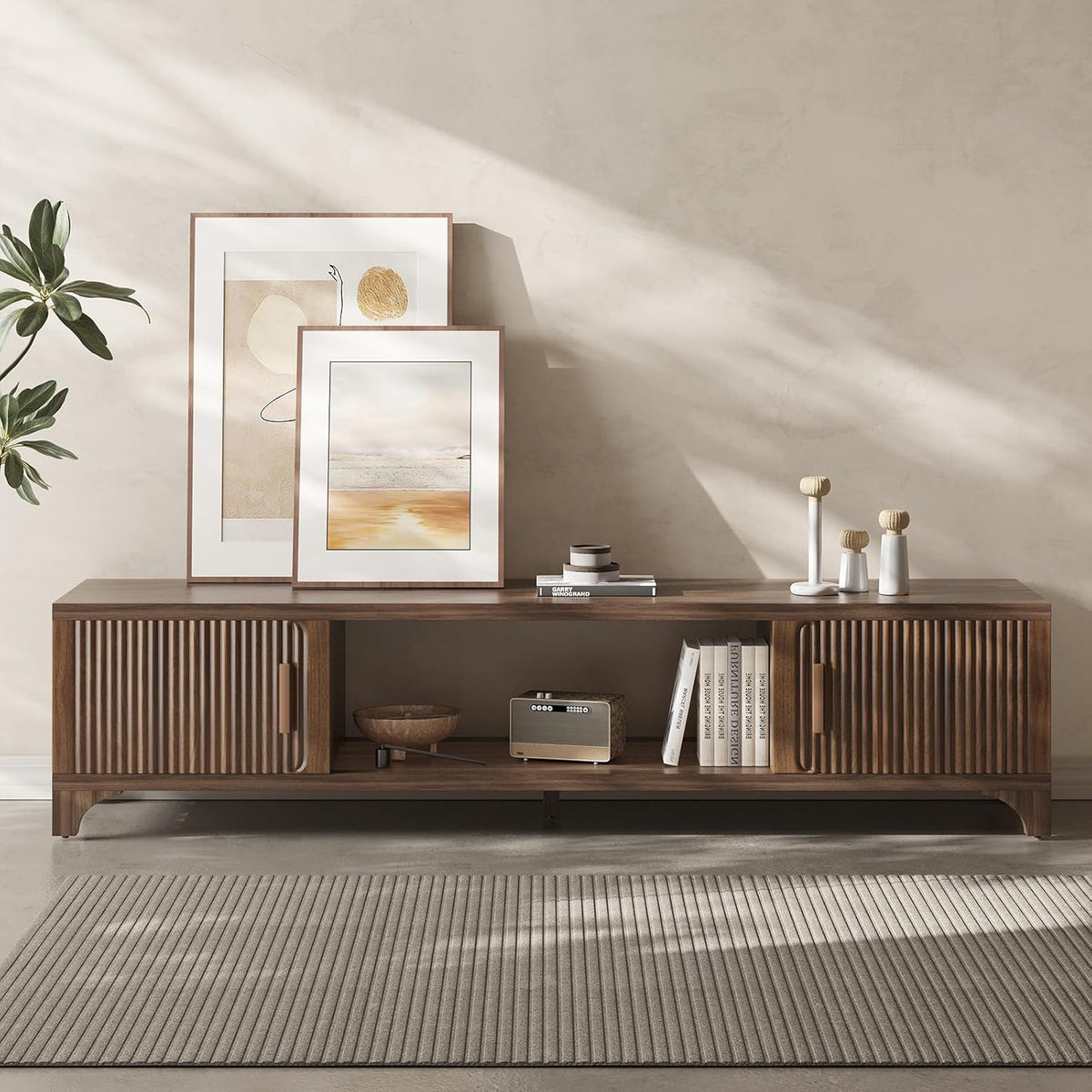 Mid Century Modern TV Stand for 70/75 Inches Television, TV Console with Fluted Doors and Storage, Entertainment Center for Living Room and Bedroom, Dark Brown