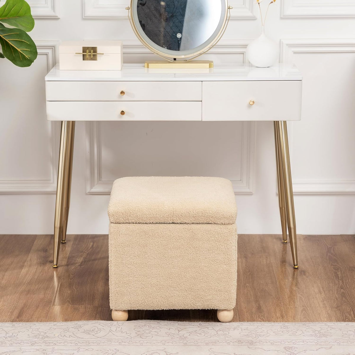 Adeco 17 Inch Soft Oatmeal Cube Ottoman Storage, Teddy Velvet Chair Foot Stools, Upholstered Vanity Stool with Hinged Lid, Solid Round Wood Legs
