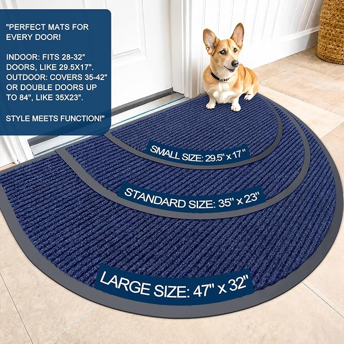 OLANLY Half Circle Front Door Mat 47x32, Waterproof Heavy-Duty Doormat | Blue - Image 2