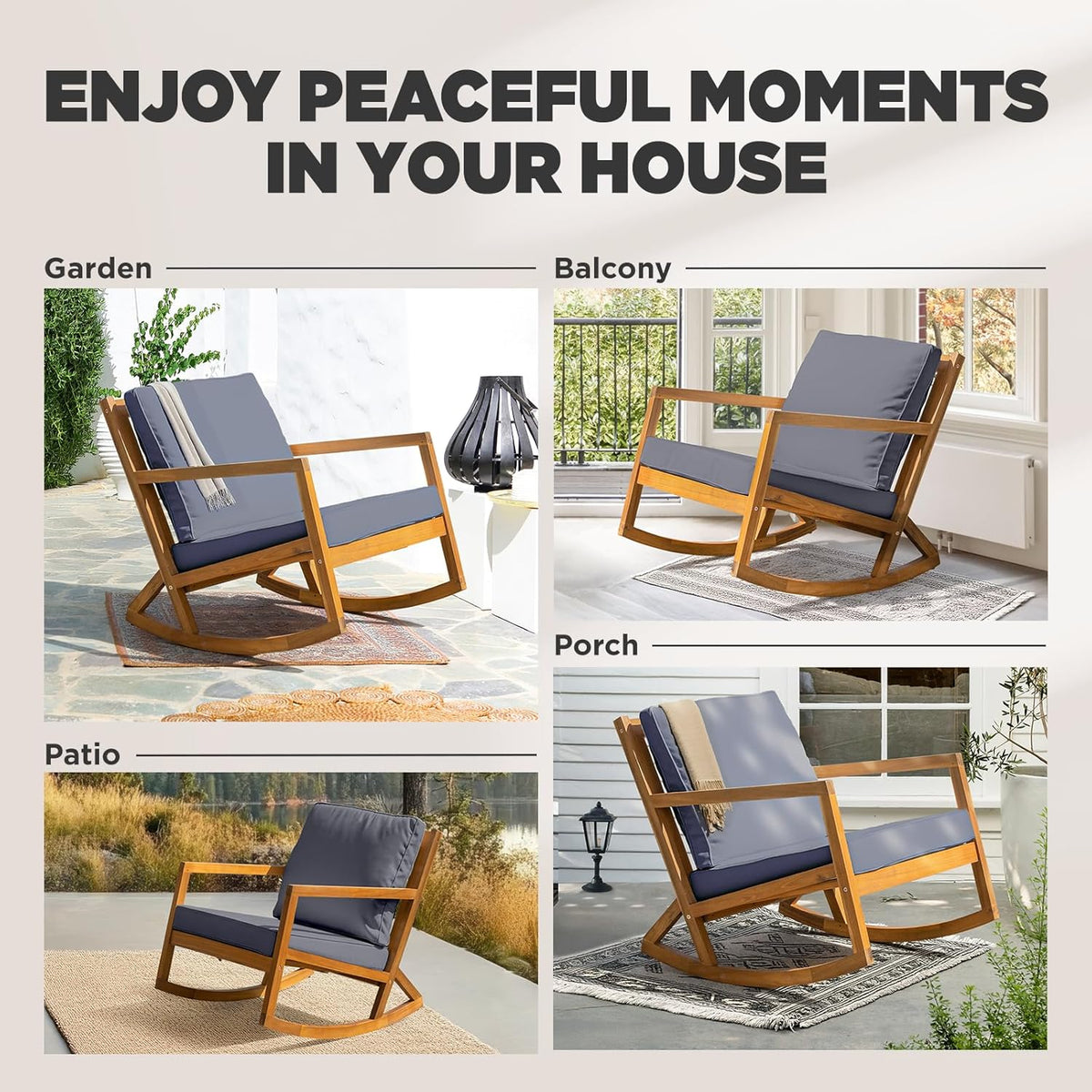 IDZO Club Rocking Chair 500lbs Capacity with Inclined Backrest, Thick Foam Cushion, Solid Acacia Wood Rocker for Patio, Backyard, Balcony, Porch, Grey