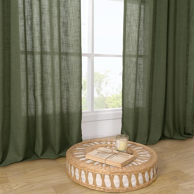 Olive Green Linen Semi Sheer Curtains 45 Inch - Image 9