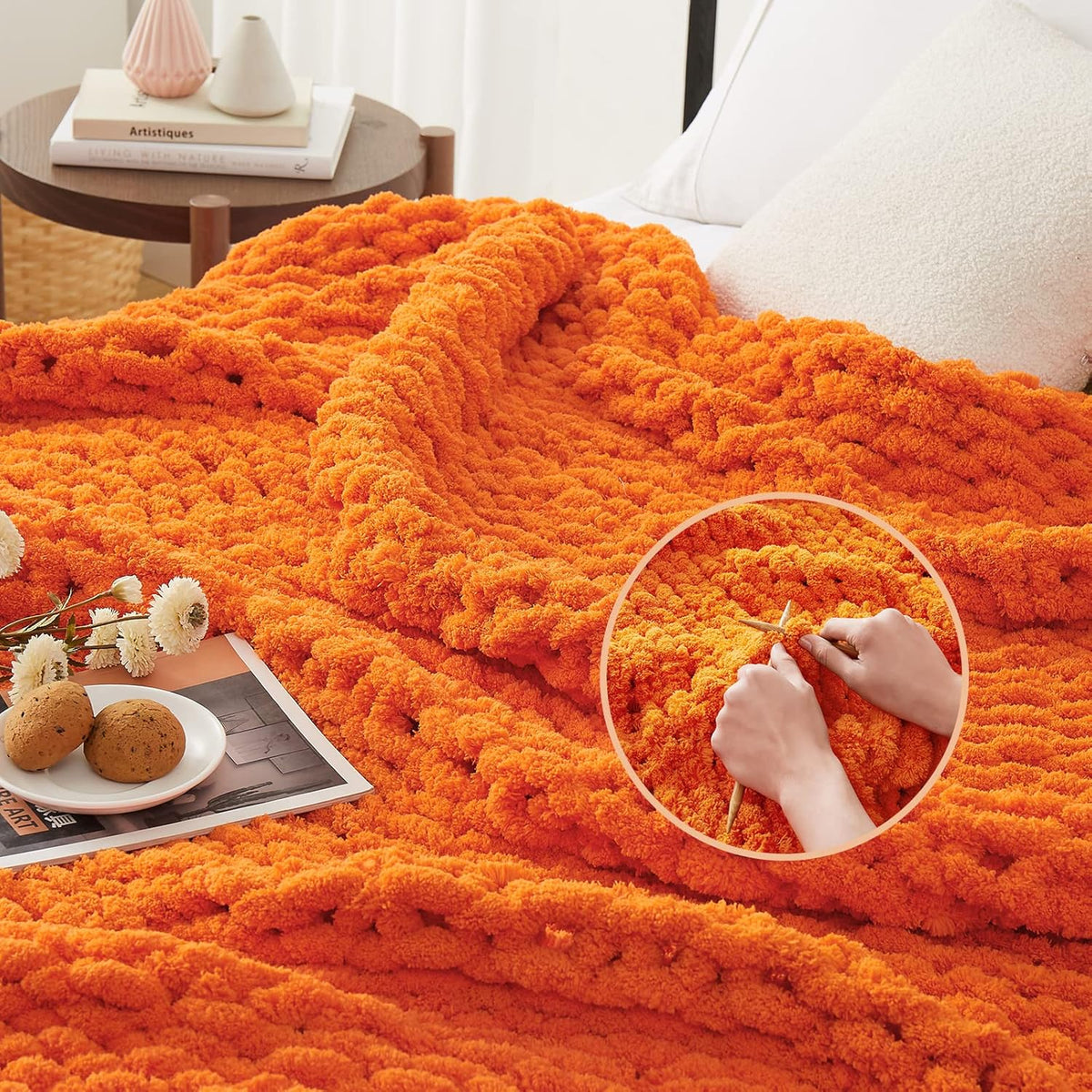 L'AGRATY Chunky Knit Blanket Throw - Soft Chenille Yarn Throw Blanket 40x50： Handmade Thick Cable Knit Crochet Blanke - Large Knit Blanket Chunky Rope Knot Throw Blanket for Couch Sofa Bed Home Decor