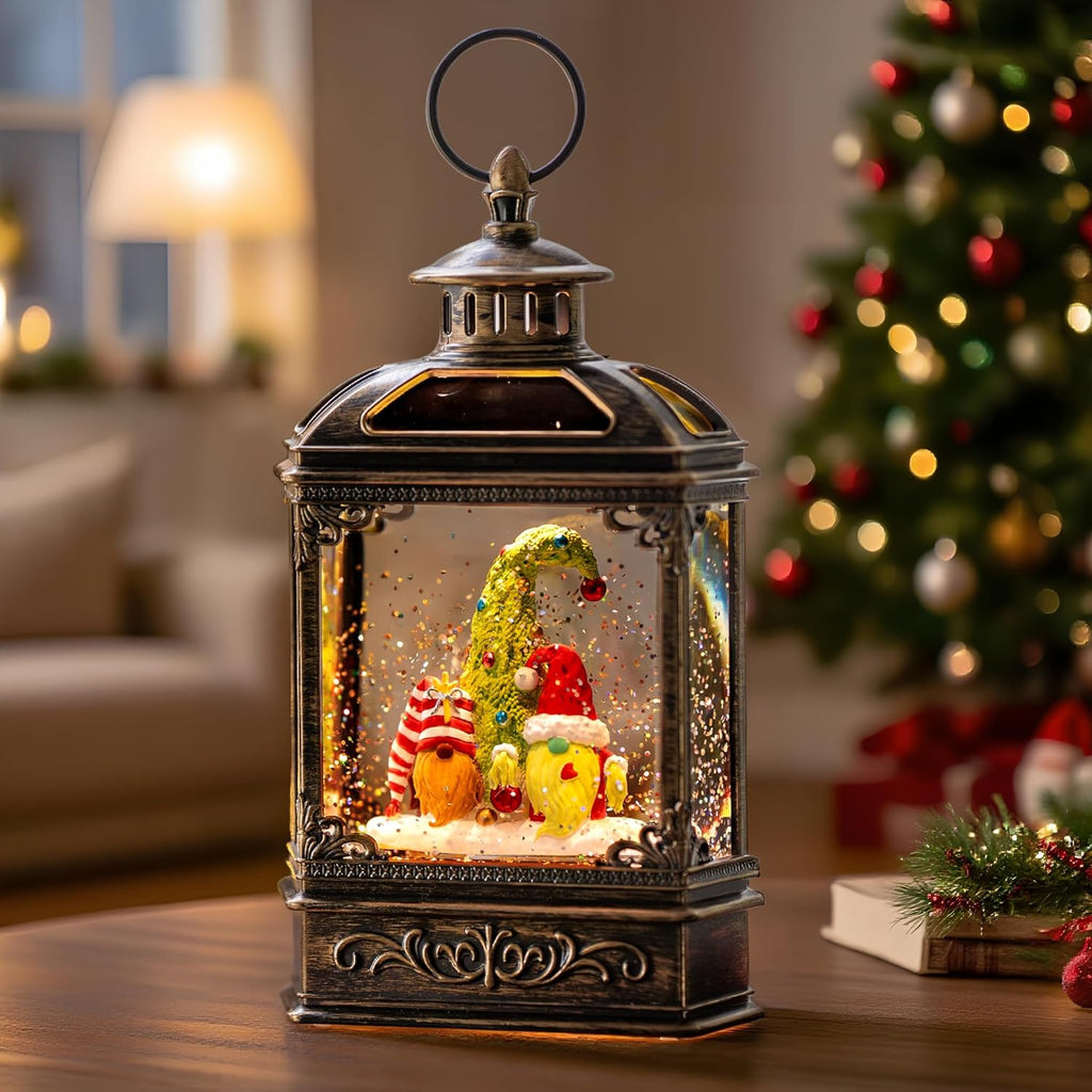 Christmas Snow Globe Lantern Water Glittering Gnomes Scandinavian Santa Elf with Music, USB Lined/Battery Operated Lighted Lantern for Christmas Festival Decoration Gifts