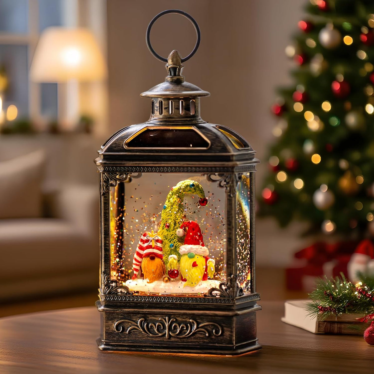 Christmas Snow Globe Lantern Water Glittering Gnomes Scandinavian Santa Elf with Music, USB Lined/Battery Operated Lighted Lantern for Christmas Festival Decoration Gifts