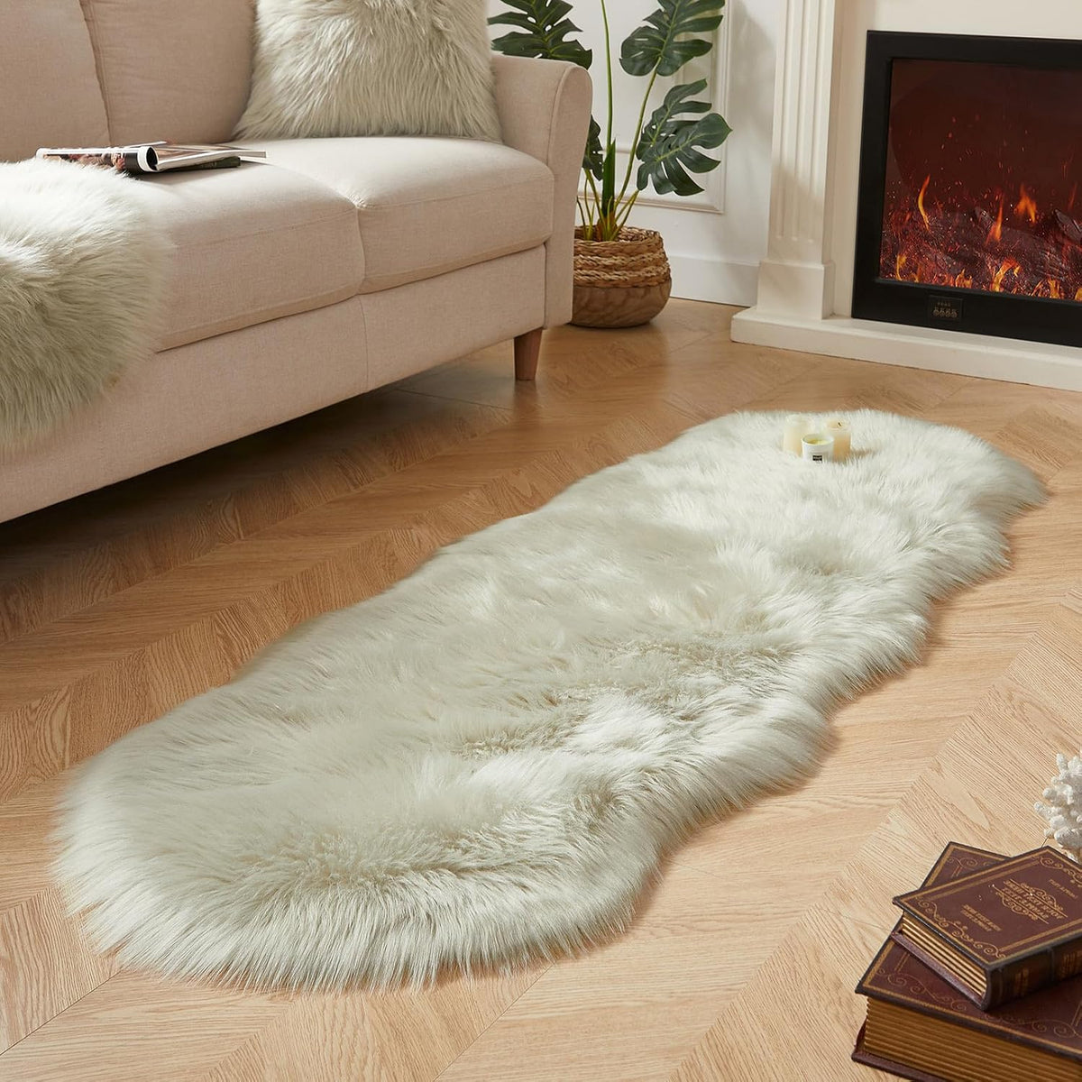 AMTOVO Faux Sheepskin Rug, Light Grey Ultra Soft Fluffy Shag Area Rug, 2 x 6 ft Faux Fur Rug for Bedroom Sofa Throw Cushion Room Decor, Sheepskin