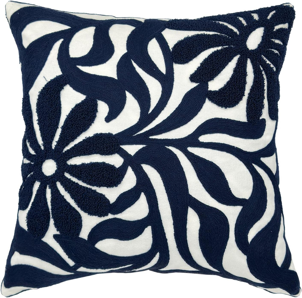 Alysheer Farmhouse Floral Leaves Embroidered Decorative Throw Pillow Cover 18x18 inches, Boho Tufted Flowers Embroidery Pattern Chic Cotton Cushion Case for Couch Bed Sofa Living Room(Navy Blue)