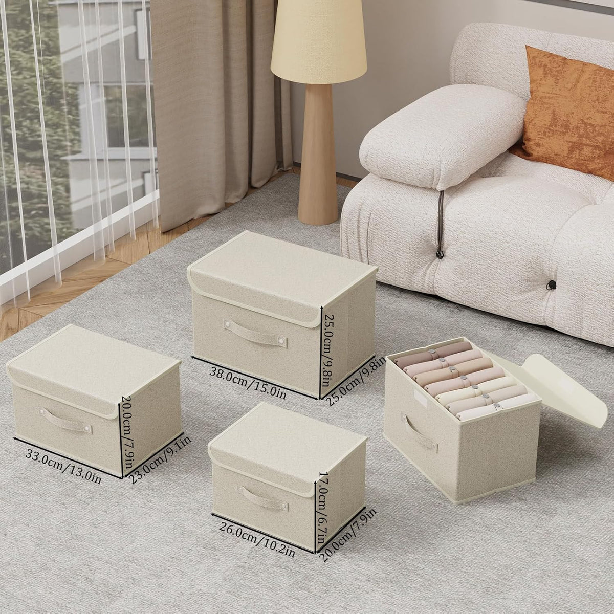 Storage Boxes, Collapsible Storage Bins with Lids, Cotton and linen cloth Storage Baskets with Handle, for Books, Closet, Bedroom, Home, 13x9.1x7.9 in, Grey and Beige