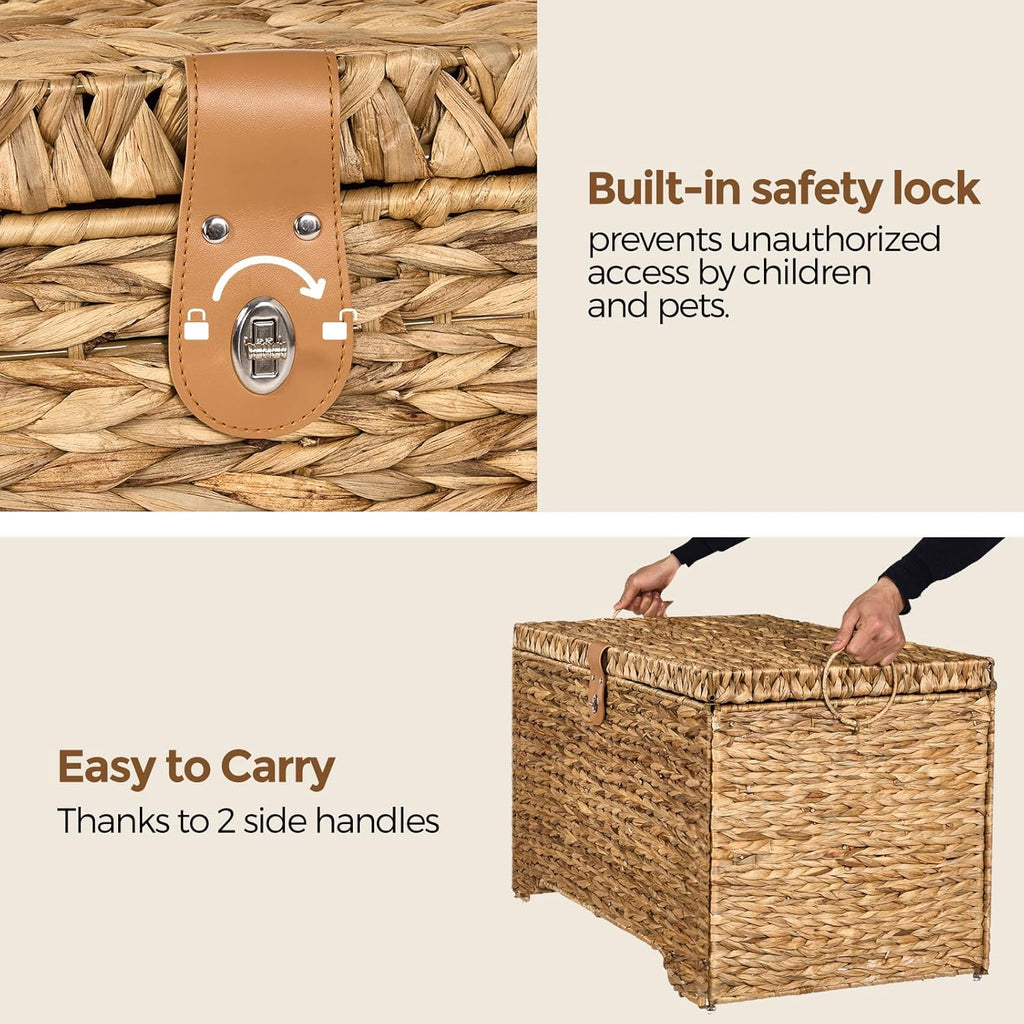 Handwoven Storage Basket with Lid, 165L Wicker Storage Bin, Natural Water Hyacinth, Leather Buckle & Metal Frame, Metal Ring Handles for Easy Transport, Storage Chest & Trunk for Bedroom, Living Room