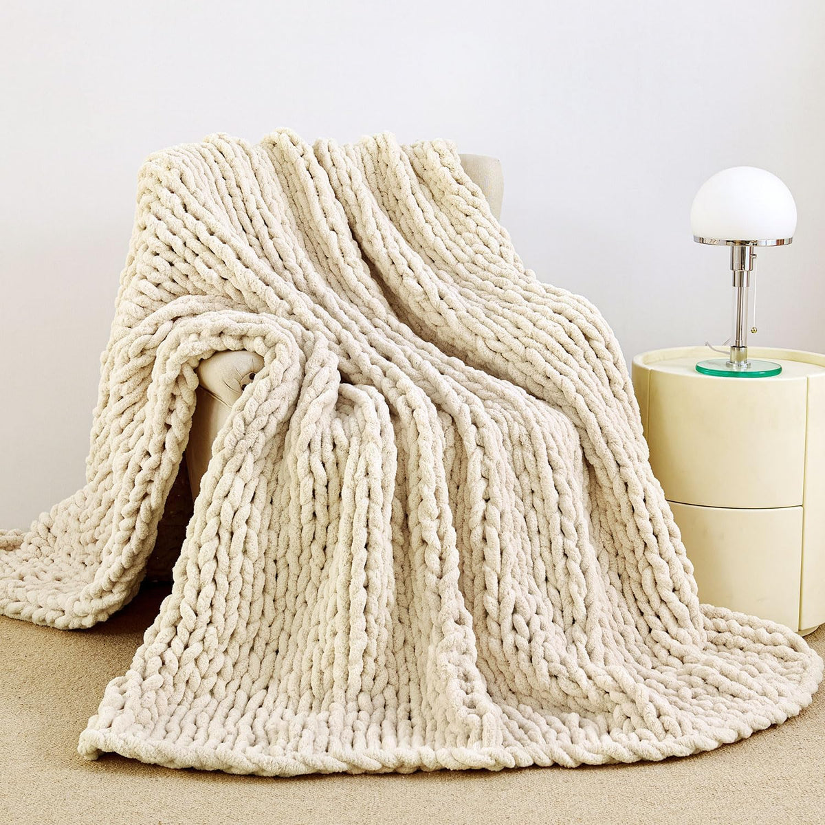 Admitrack Chunky Knit Blanket Throw, 100% Hand Knit Chenille Throw Blanket for Sofa & Home Decor, Soft and Cozy Knitted Throw Blankets (Ivory，40"x50")