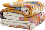Boho Throw Blanket for Bed 90”x98”, 100% Cotton Woven Blanket for Couch Sofa, Ultra Soft 4-Layer Muslin Quilt with Vintage Floral Printed, Farmhouse Bed Blanket/Cover for Living Room Decor
