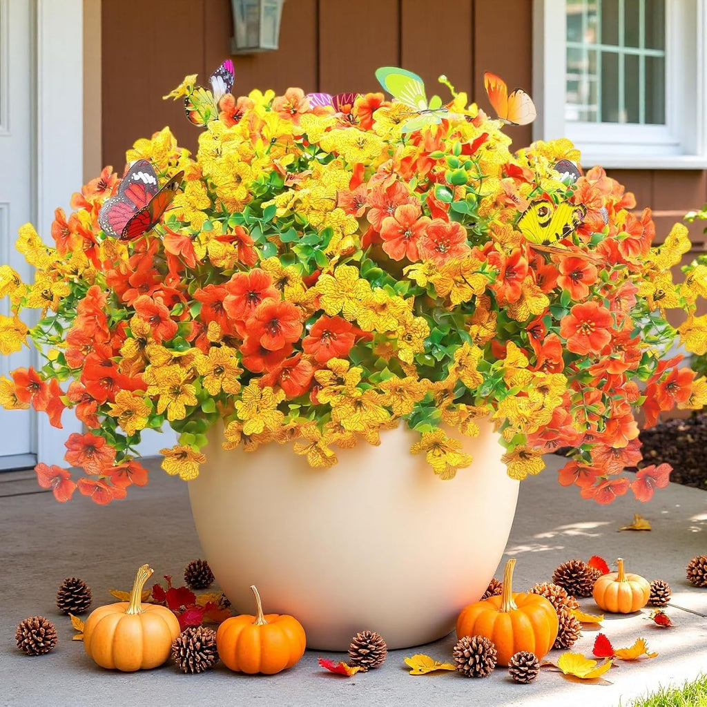 ‌20 Bundles Artificial Flowers for Outdoors‌ with 6 Faux Butterflies, UV Resistant ‌Fake Flowers‌ with Eucalyptus Leaves, ‌Artificial Plants Outdoor‌ for Patio Garden Porch Home Decor (Orange Yellow)