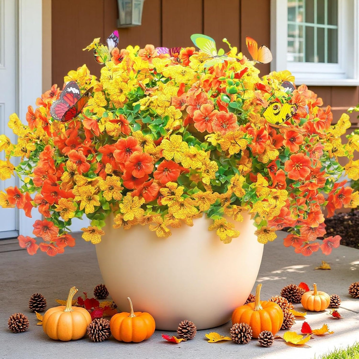 ‌20 Bundles Artificial Flowers for Outdoors‌ with 6 Faux Butterflies, UV Resistant ‌Fake Flowers‌ with Eucalyptus Leaves, ‌Artificial Plants Outdoor‌ for Patio Garden Porch Home Decor (Orange Yellow)