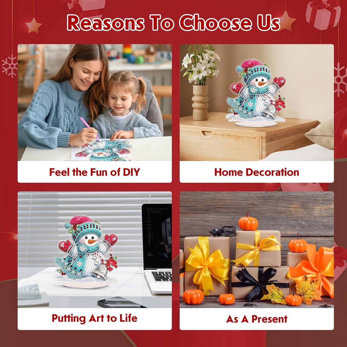 MEIYUDA Christmas Diamond Art Tabletop Kits, Christmas Snowman Diamond Art Painting Desktop Ornaments for Adult, DIY Special Shaped Crystal Desk Placement Ornament for Home Office Decor Crafts Gift