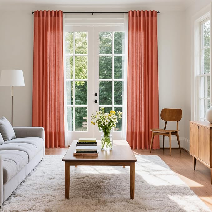 Coral Linen Curtains 120 Inches Long 2 Panels Set Back Tab Loop Pocket Light - Image 7