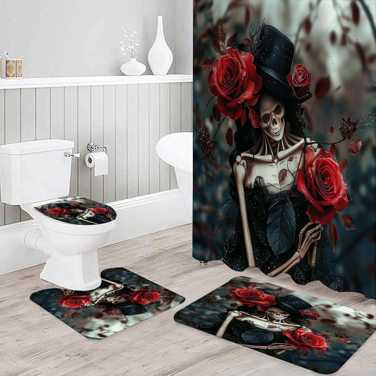 NEWSUYAA Halloween Decorations Shower Curtain Set with Non-Slip Rugs and Bath Mats,Black Skull Skeleton Bathtub Curtains with 12 Hooks,All Saints'Day (Nov 1st) Bathroom Decor