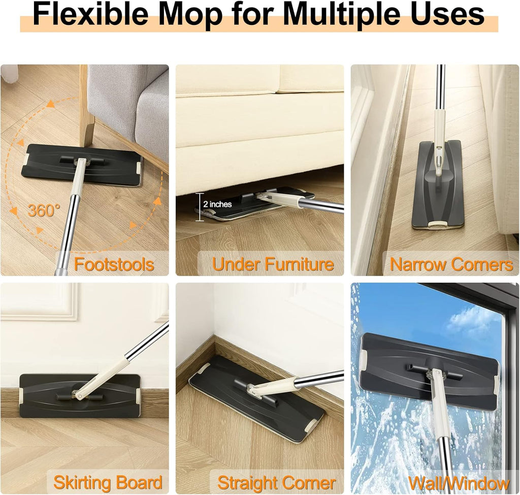 Jelymark Flat Mop and Bucket with Wringer Set, Separates Dirty and Clean Water, 3-Chamber Mop Wet and Dry Use, Not-Hands Squeeze Mops for Floor Cleaning, 8 Reusable Microfiber Mop Pads Included