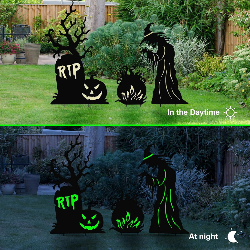 Halloween Yard Signs Outdoor Decorations，3 Pack Warerproof Scary Witch Tombstone Cauldron Fluorescent Metal Stakes Glow in The Dark for Lawn Garden Halloween Decor (Witch Tombstone Cauldron)