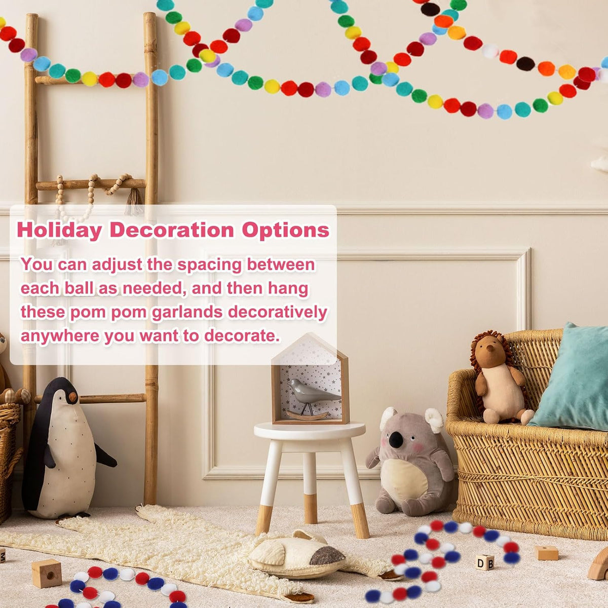 PATIKIL 13Ft Pom Pom Garland Decorations, 2Pcs Colorful Felt Ball Garland Banner Cute Rainbow Pompom Hanging Decorations for Tree Ornaments Homes Decor, Red/Green/White