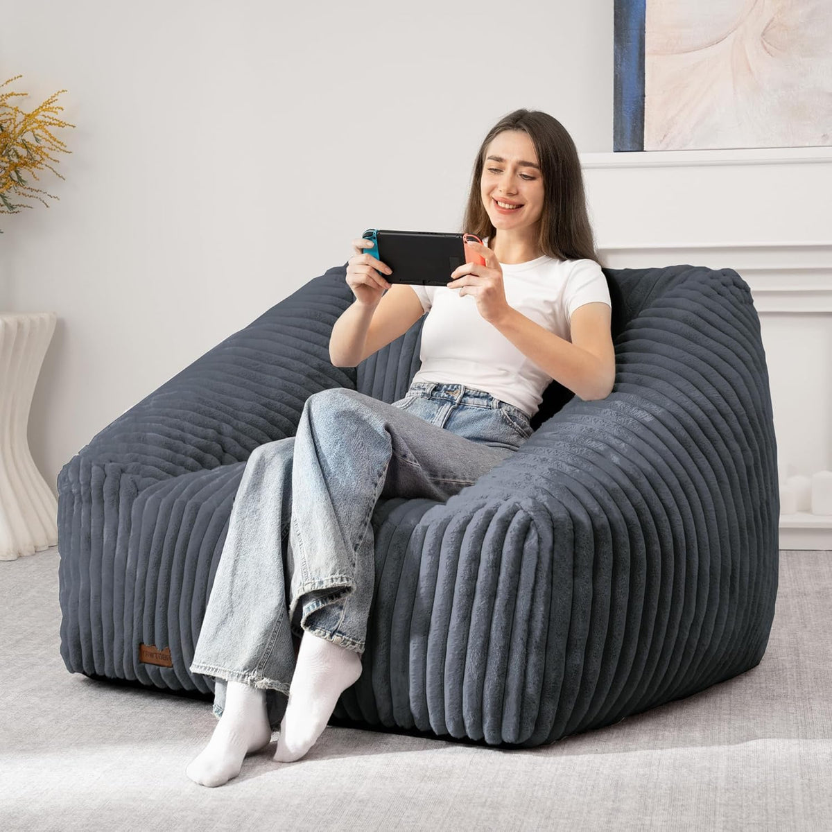 HABUTWAY Bean Bag Chair, Giant Bean Bag Chairs for Adults and Kids, Bean Bag Sofa, Lazy Floor Sofa, Faux Fur Beanbag Chair with Armrests for Living Room Bedroom (Dark Grey)