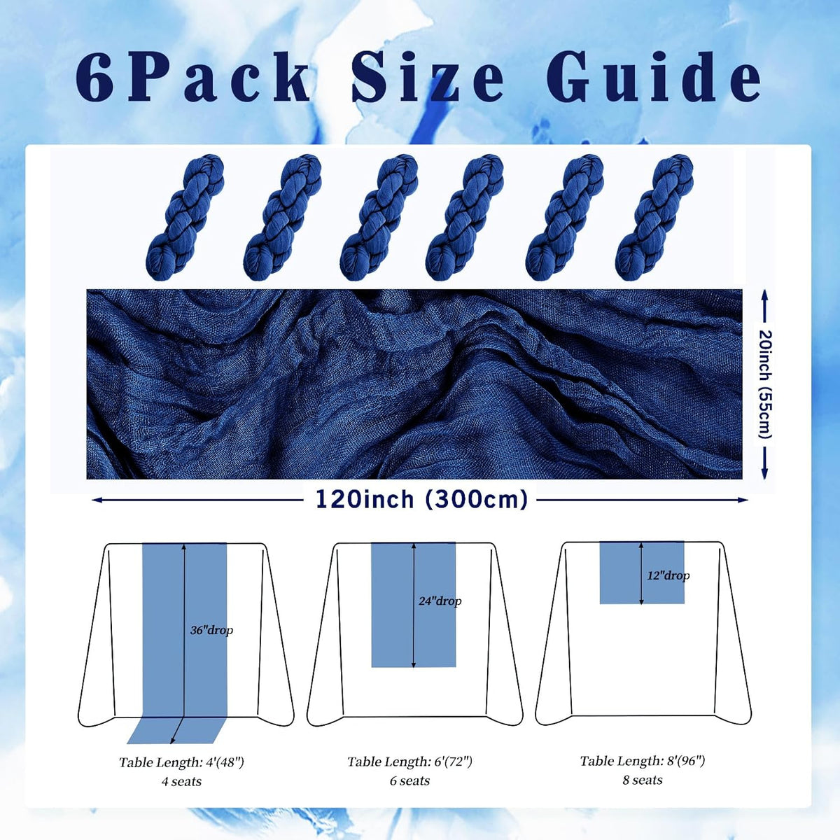 10FT 6 Pack Royal Blue Cheesecloth Table Runner 20 x 120 Inch Long Rustic Gauze Cheese Cloth Table Runner for Wedding Bridal Baby Shower Table Decorations Boho Fabric Sheer Birthday Party Table Decor