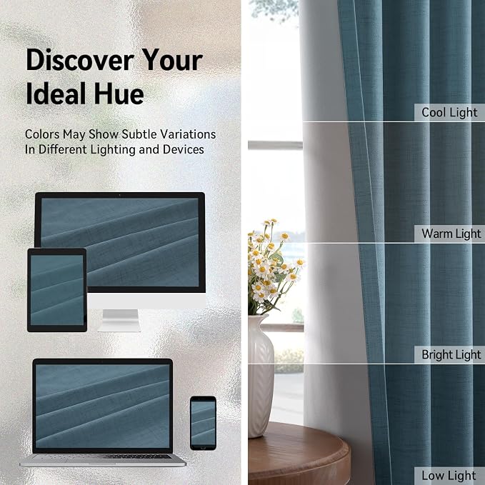 100% Blackout Linen Textured Curtains 96 Inch Long, Stone Blue | 100% Blackout - Image 7