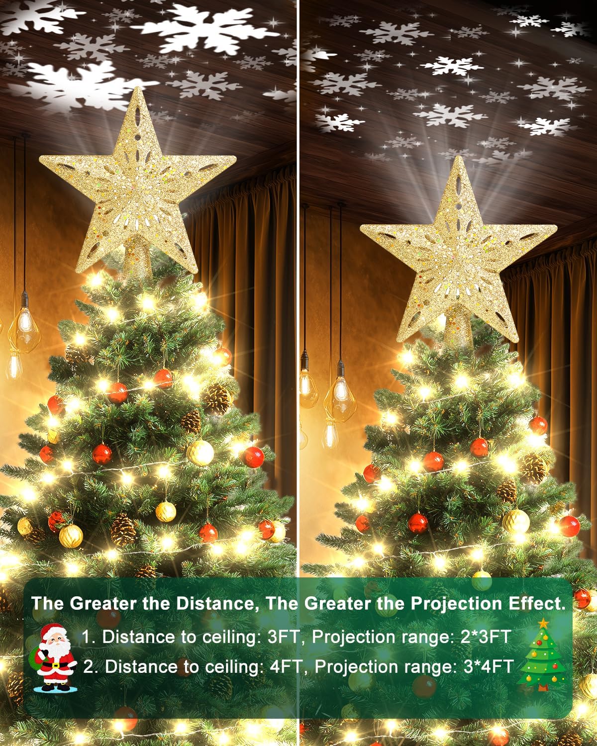 Kesfitt Christmas Tree Topper with 10M Warm Light Cord, Tree Top Star Decoration with 6 Projection Modes, Gold Tree Topper Lighted 3D Glitter Dynamic Projection for Xmas Party Holiday
