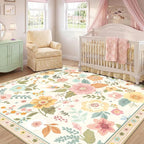 RELEANY Floral Washable Square 6ft Area Rug Beige/White/Orange | Flower Carpet - Image 6