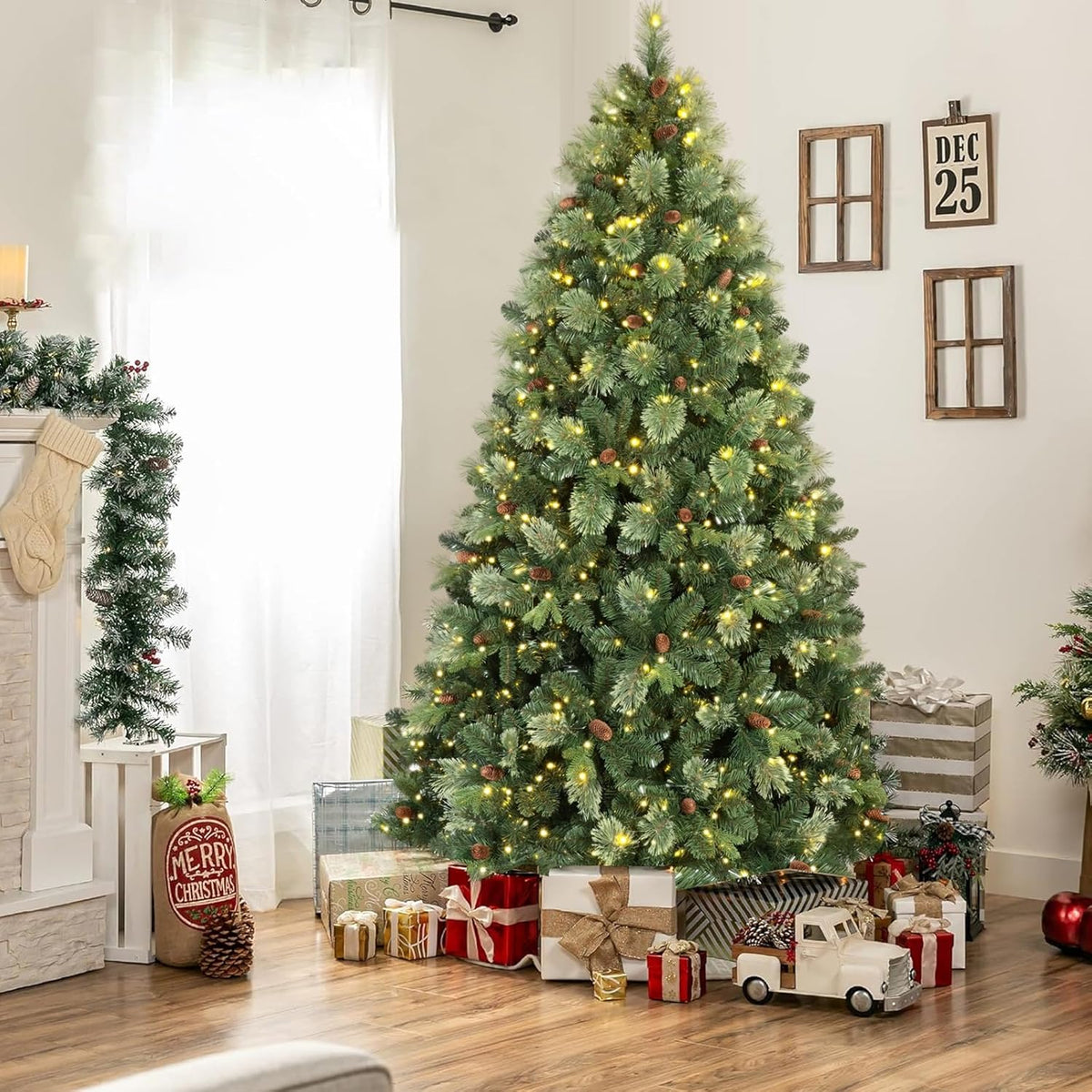 Kadunmina 5ft Artificial Christmas Tree Carolina Pine Tree, Unlit Hinged Premium Xmas Trees with 647 Branch Tips, Pine Cones, Foldable Metal Stand for Home, Office, Holiday Party Decoration
