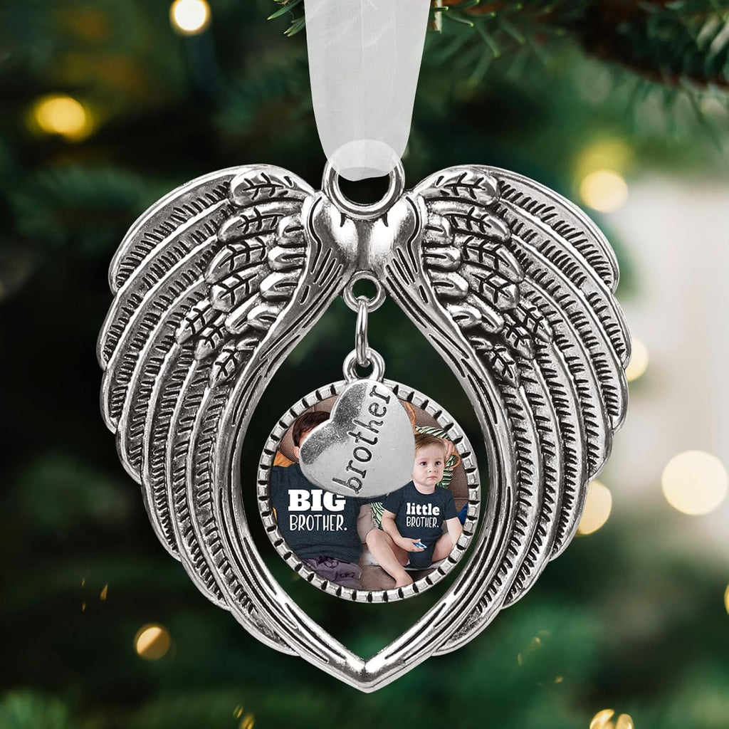 Christmas Ornaments Angel Wings with Custom Photo Frame for Loss of Loved One Remembrance Keepsake with Silk Ribbon & Red Gift Box