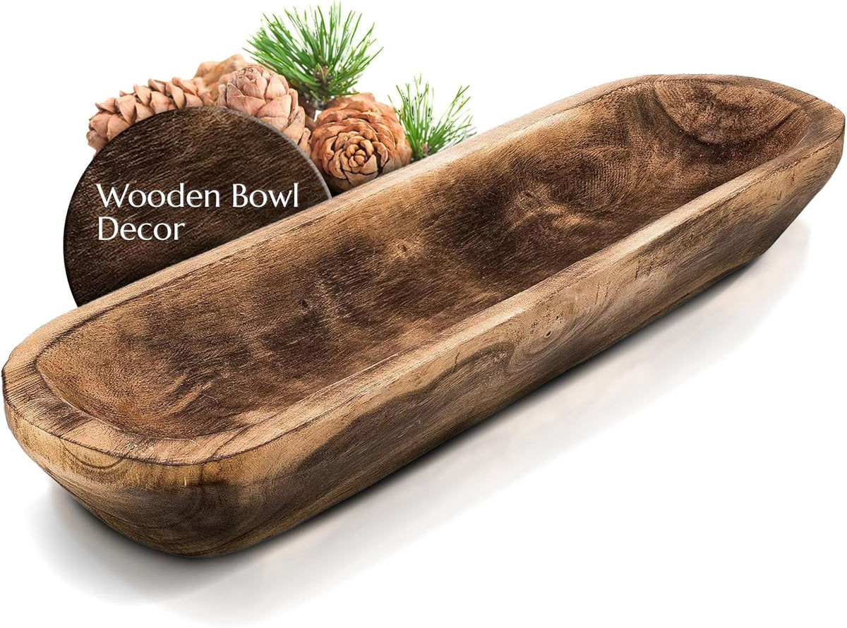 Wooden Dough Bowl for Decor - 17¾ in Long Hand Carved Paulownia, Large Rustic Decorative Bowl for Home Table Centerpiece, Keys, Entryway Table, Catchall Tray & Wooden Dining Room Centerpiece