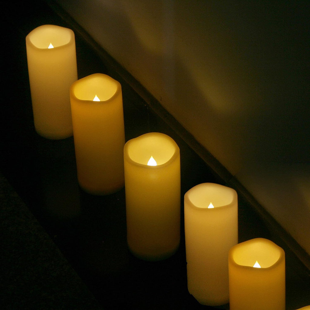 CANDLE CHOICE Waterproof Outdoor Battery Operated Flameless Candles Remote Timer Ivory Plastic Realistic Flickering Fake Electric LED Pillars Lantern Garden Wedding Christmas Decorations 3”x6” 6 Pack