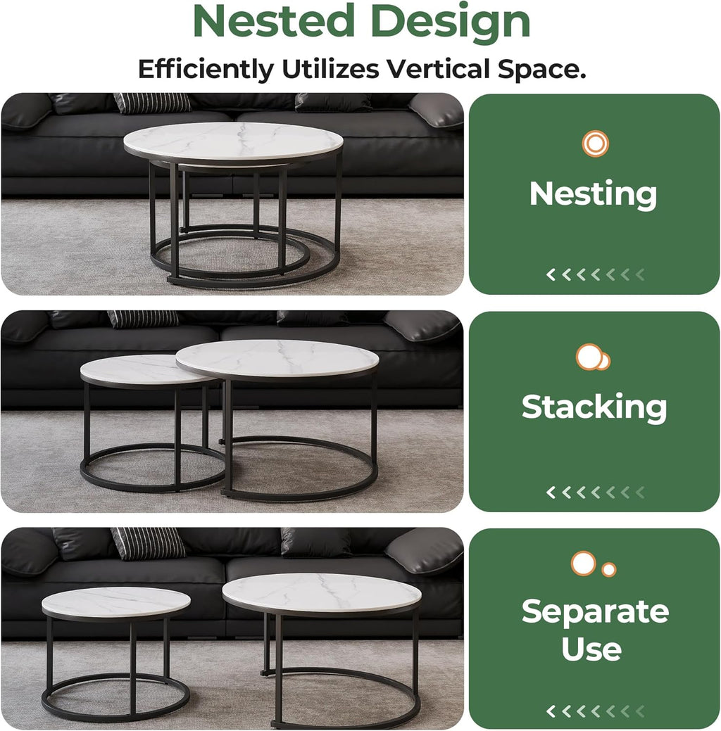 Modern White Coffee Table Set of 2 - Sintered Stone Top & Sturdy Metal Base, fo Living Room Bedroom Apartment