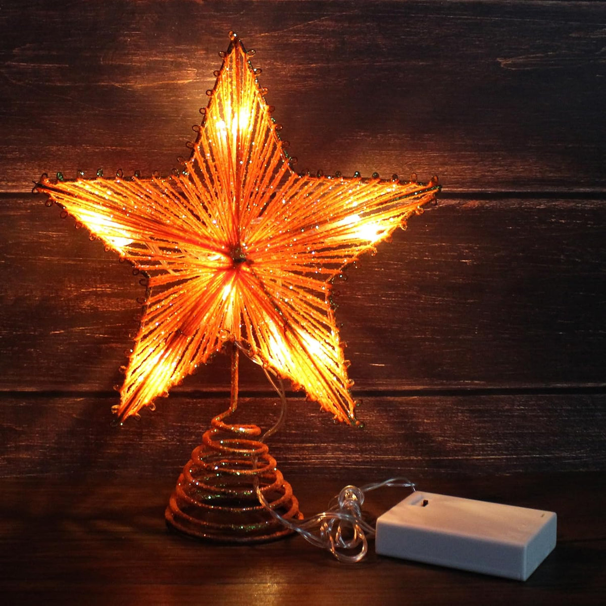 CVHOMEDECO. Orange Glittered 3D Tree Top Star with Warm White LED Lights and Timer for Christmas Tree Topper Decoration and Holiday Seasonal Décor, 8 x 10 Inch