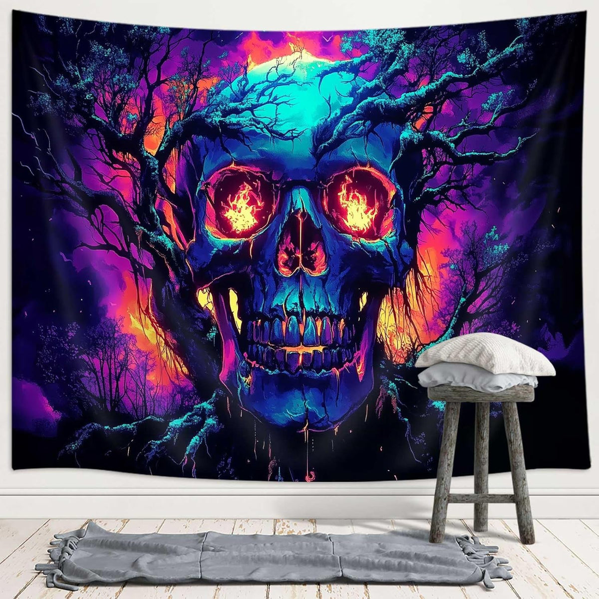 Xiaoput Blacklight Fire Skull Tapestry for Bedroom, Trippy UV Reactive Burning Skeleton Forest Wall Hanging Tapestries, Scary Dark Horror Glow in the Dark Tapestries for Living Room Home Dorm 80X60IN