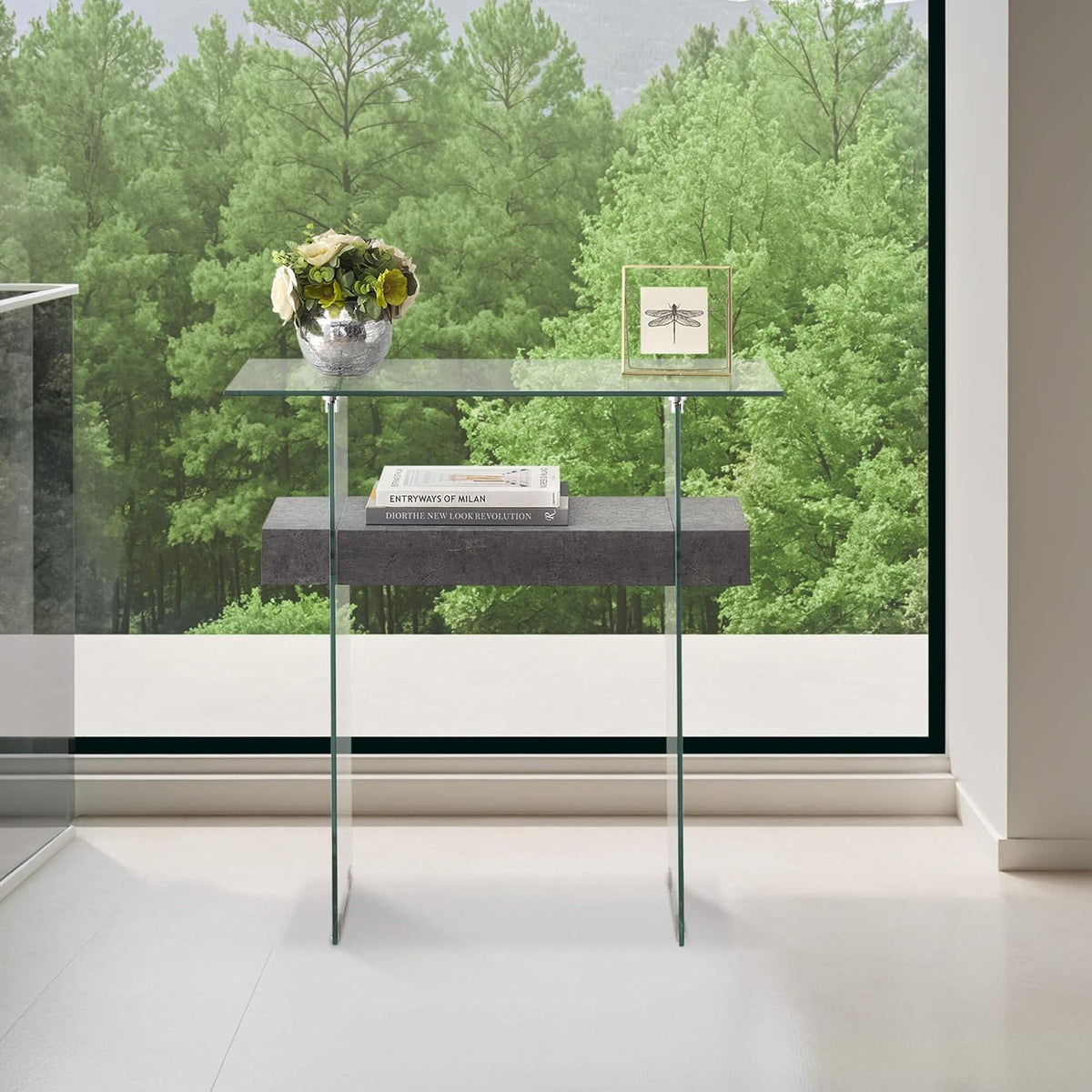 ivinta Narrow Glass Console Table with Storage, 31.5'' Modern Entryway Table with Storage Shelves for Living Room, Hallway, Foyer, Bedroom 5103 (Gray)