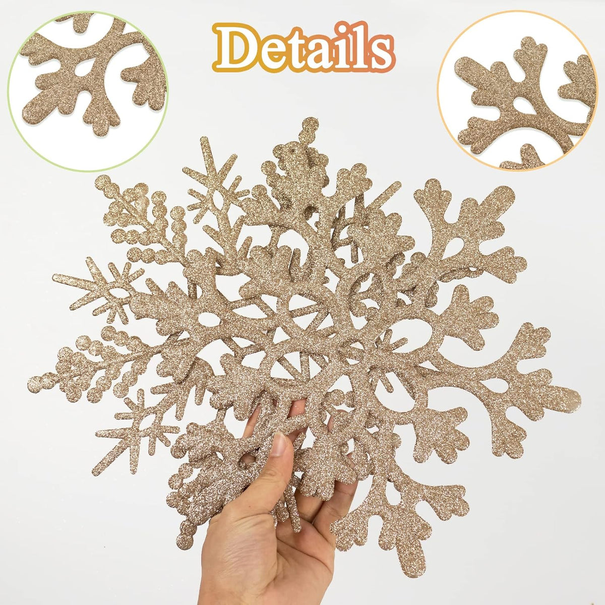 6pcs Large Champagne Gold Snowflakes Ornaments 12” Big Plastic Glitter Snowflake for Winter Indoor Outdoor Christmas Tree Window Room Decorations Giant Craft Snowflakes