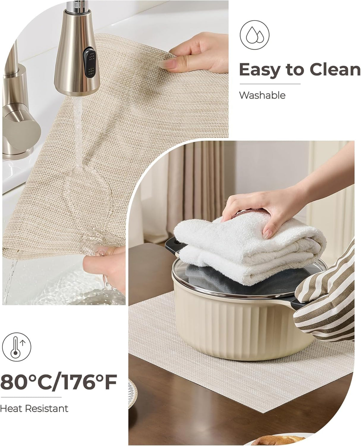 Leetaltree Beige White Placemats Set of 16 - Heat Resistant Non-Slip Place mats for Dining Table, Washable Durable PVC Vinyl Woven Table Mats（Beige White, 16）