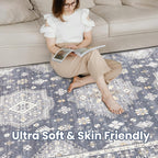 Washable Area Rugs for Living Room -8x10 Neutral Vintage Distressed Floral Farmhouse Boho Large Soft Floor Rug Indoor Non Slip Carpet for Living Room Bedroom Dining Room Office - Denim Blue/Grey
