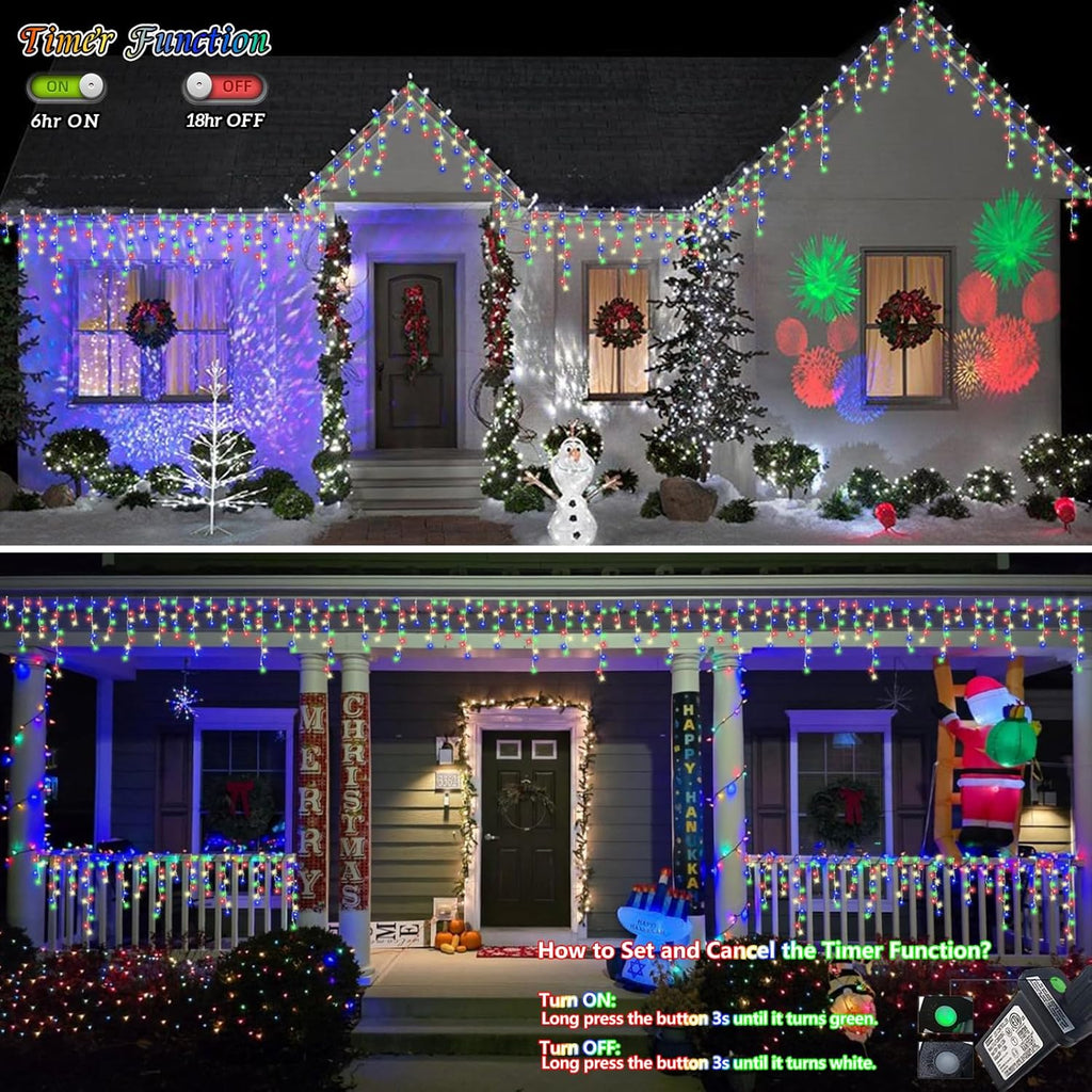 QITONG Multicolor Icicle Christmas Lights Outdoor, 33ft 400 LED Icicle Lights Indoor, Clear Wire Connectable String Lights Plug in with 8 Modes