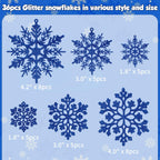 36pcs Christmas Navy Blue Snowflake Ornaments Plastic Glitter Snow Flakes Ornaments for Winter Christmas Tree Decorations Size Varies Craft Snowflakes