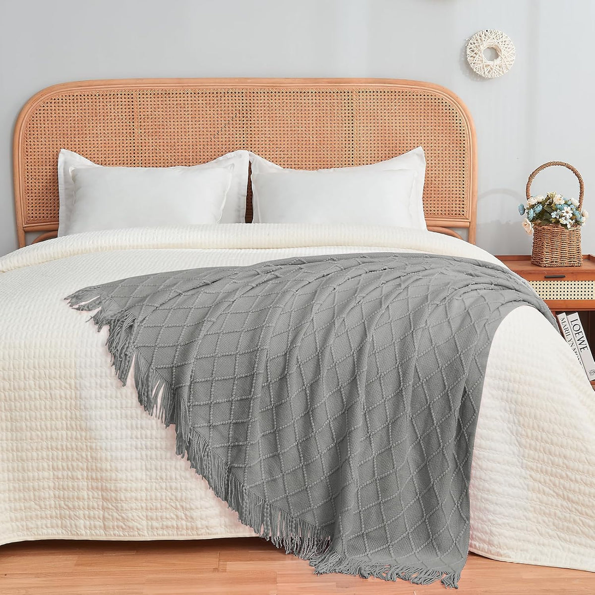 inhand Knitted Throw Blankets for Couch and Bed, Soft Cozy Knit Blanket with Tassel, Light Grey Lightweight Decorative Blankets and Throws, Farmhouse Warm Woven Blanket for Men and Women, 50"x60"