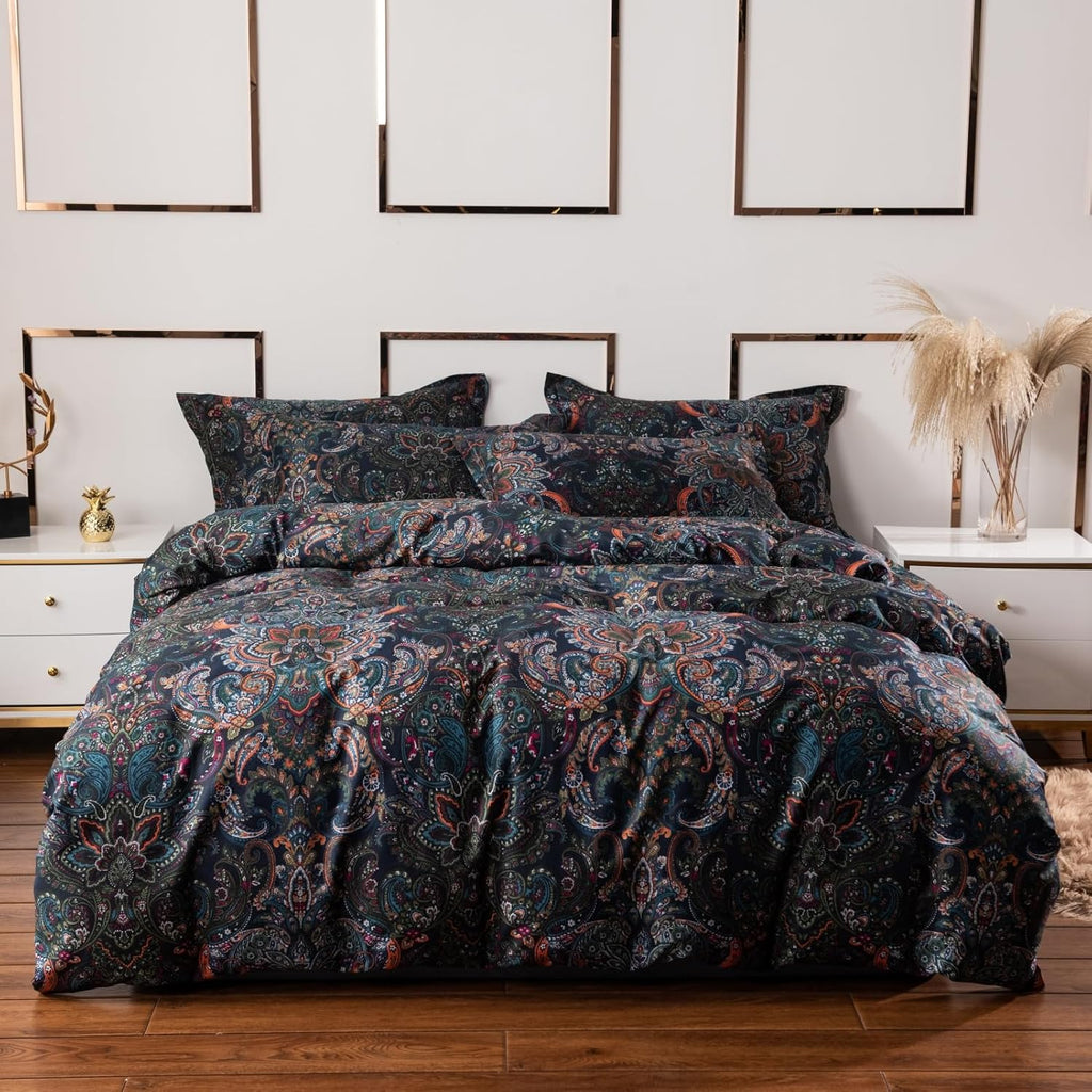 ABREEZE Luxury Vintage Black Duvet Cover Sets Damask Paisley Bedding Set Retro 100% Brushed Cotton Zipper Closure Bedding Collection King Size