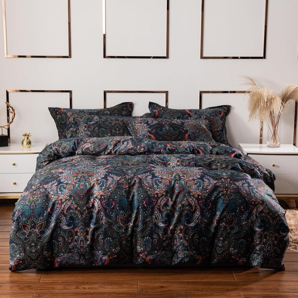 ABREEZE Luxury Vintage Black Duvet Cover Sets Damask Paisley Bedding Set Retro 100% Brushed Cotton Zipper Closure Bedding Collection King Size