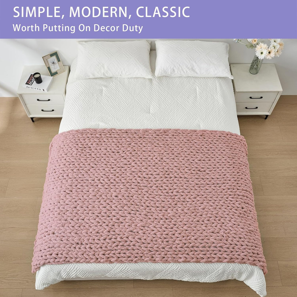 Bigacogo Chunky Knit Throw Blanket for Couch, 40x80 inches, 100% Hand Knitted with Thick Jumbo Chenille Yarn, Cozy Soft Large Rope Knot Cable Crochet Blankets for Sofa Bed Living Room, Dusty Pink